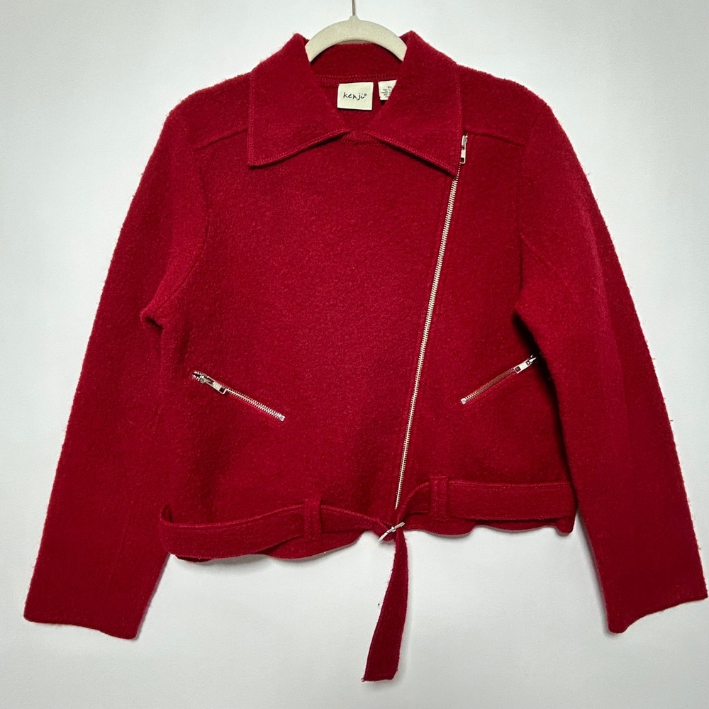 Kenji Womens‎ Red 100% Boiled Wool Moto Jacket XL Belted Assymetric Zip Pockets